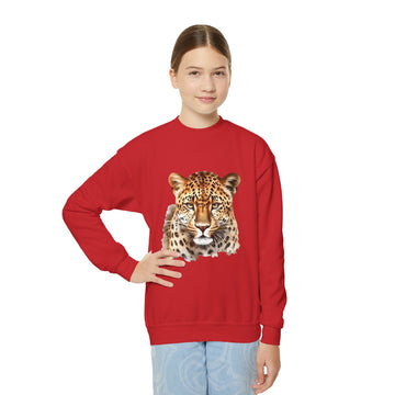 Youth Crewneck Sweatshirt — Realistic Leopard Face Graphic