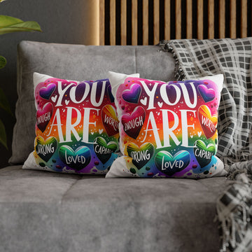 Affirmation Pillow — "You Are" Rainbow Heart Inspirational Throw Pillowcase