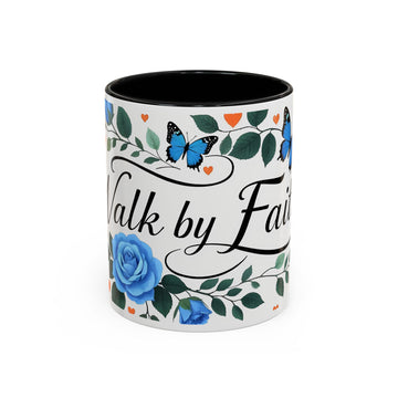 Faith Floral Coffee Mug — “Walk by Faith” Blue Roses & Butterflies Accent Mug