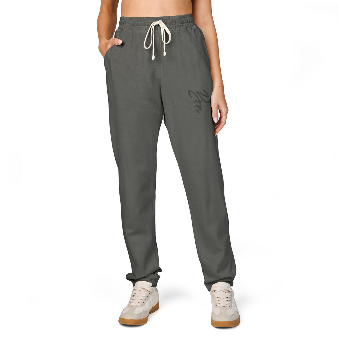 Embroidered Script Logo Sweatpants — Garment-Dyed Fleece Joggers
