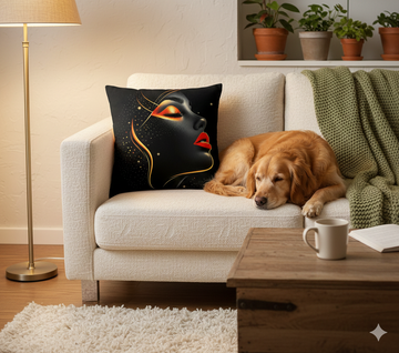 Glam Noir Face Pillow — Black & Gold Decorative Throw Pillow with Red Lips