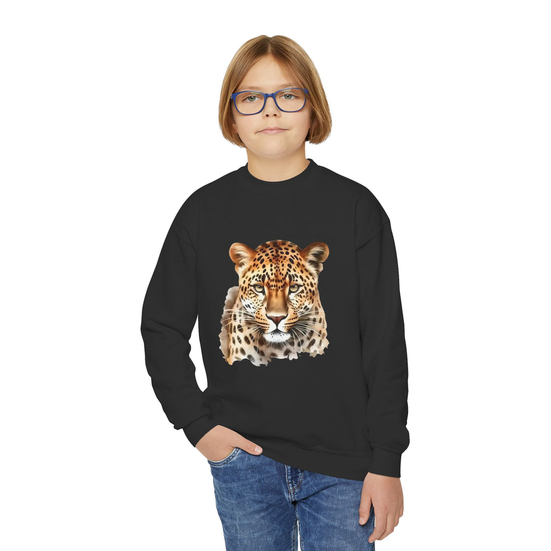 Youth Crewneck Sweatshirt — Realistic Leopard Face Graphic
