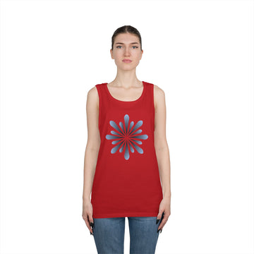 Blue Petal Burst Tank Top — Minimal Floral Sunburst Graphic