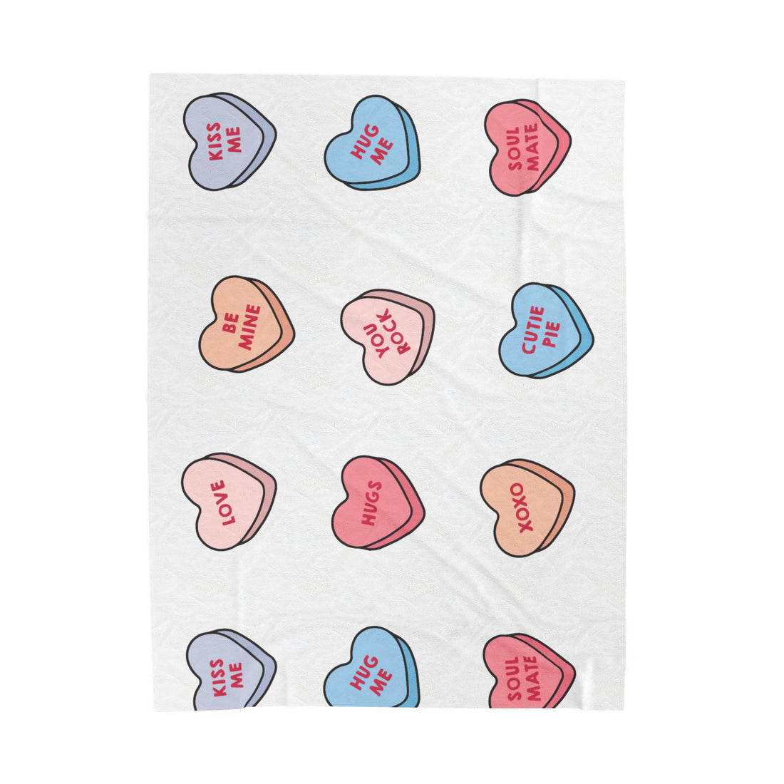 Conversation Heart Plush Blanket — Cute Valentine Velveteen Throw with 'Love', 'Hugs', 'Be Mine' Candy Hearts
