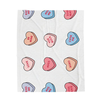 Conversation Heart Plush Blanket — Cute Valentine Velveteen Throw with 'Love', 'Hugs', 'Be Mine' Candy Hearts