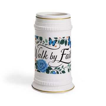 Beer Stein — "Walk by Faith" Floral Ceramic Stein with Blue Roses & Butterflies