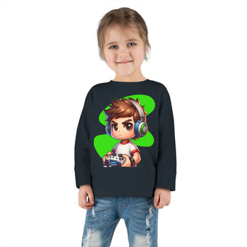Kids Gamer Long Sleeve Tee — Cute Cartoon Boy with Headset & Controller